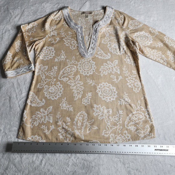 Womens Krazy Kat Lace V Neck Boho Floral Tunic Tan M White Cotton - Picture 15 of 16